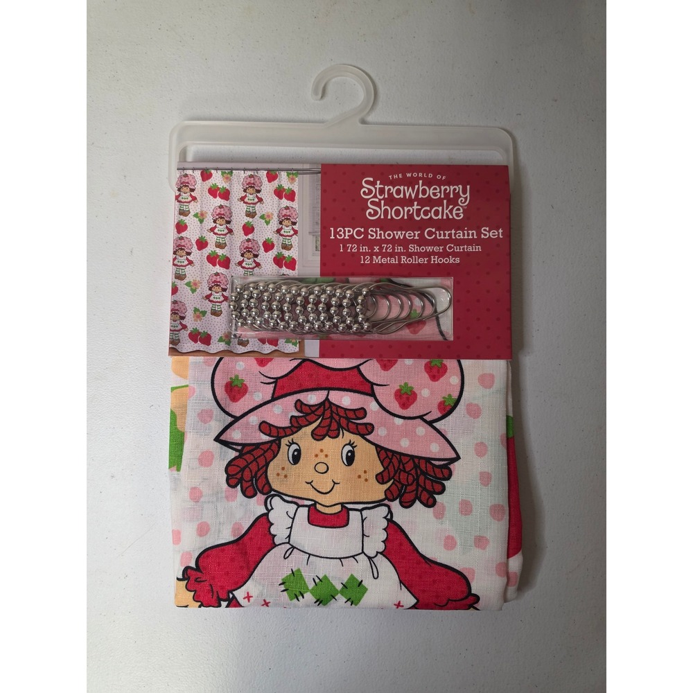 Strawberry Shortcake Shower Curtain Set 13PC Fabric 72x72 Pink Red Metal Hooks